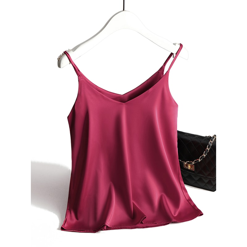 Womens Satin Silk Tank Strap Top Halter V Neck Basic White Cami Sleeveless Summer Camisole Top 1