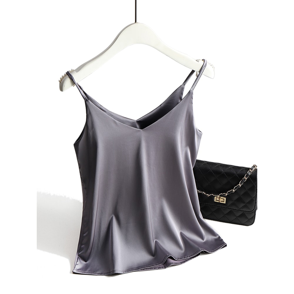 Womens Satin Silk Tank Strap Top Halter V Neck Basic White Cami Sleeveless Summer Camisole Top 2