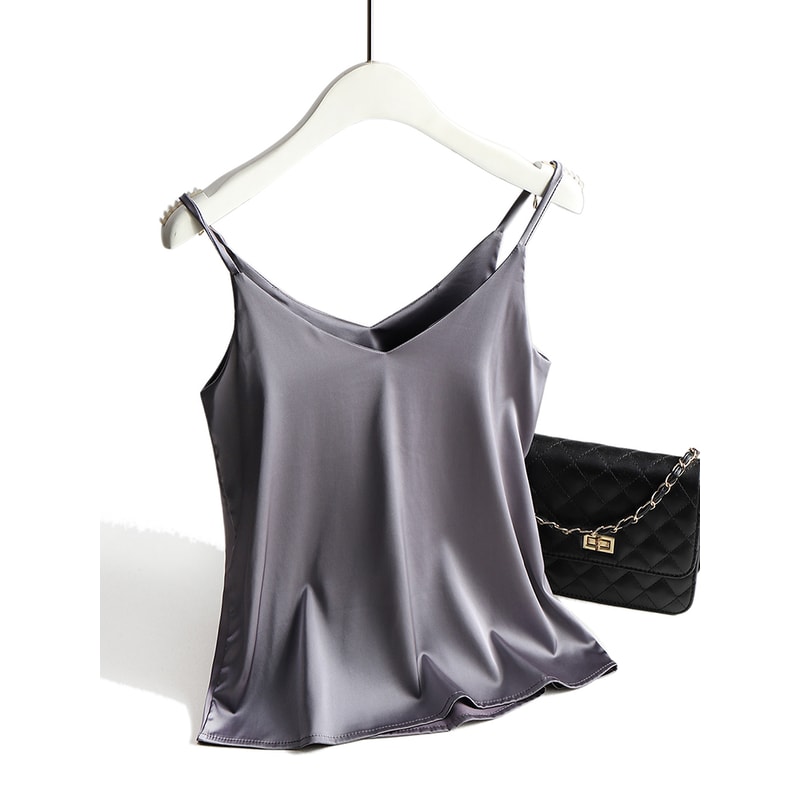 Womens Satin Silk Tank Strap Top Halter V Neck Basic White Cami Sleeveless Summer Camisole Top 2