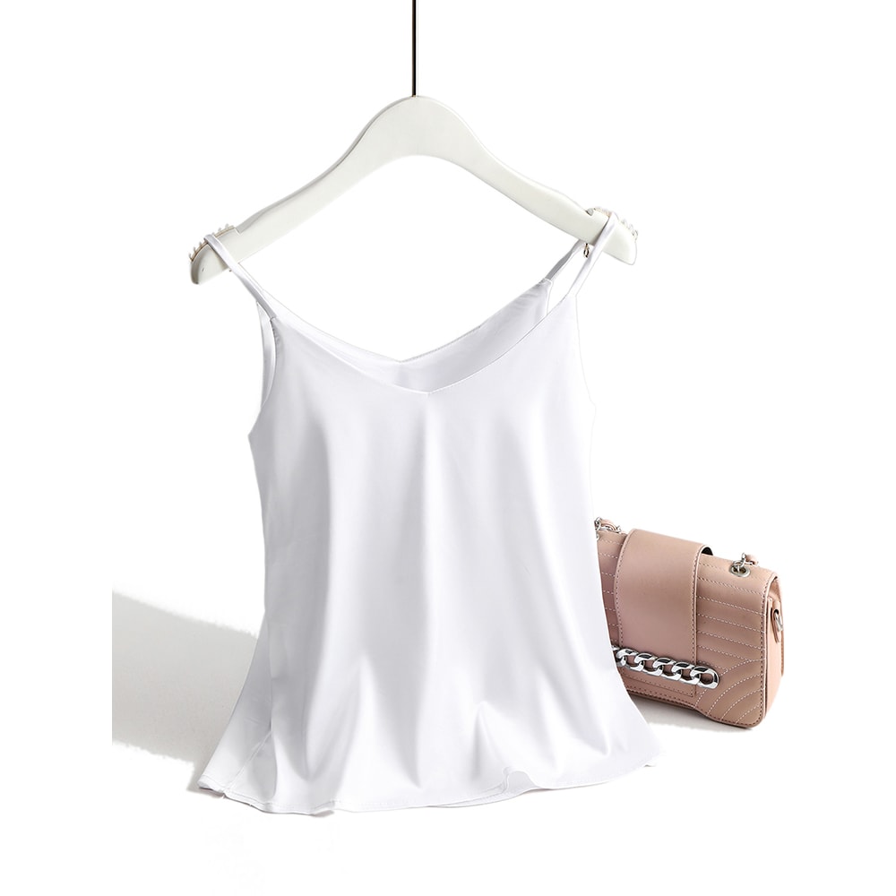 Womens Satin Silk Tank Strap Top Halter V Neck Basic White Cami Sleeveless Summer Camisole Top 6