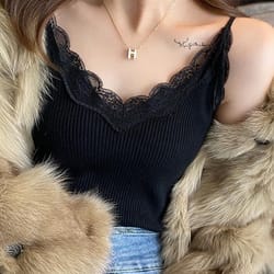 cropped lace tank top for women, sexy white tank tops, korean sleeveless black vest, summer coquette clothes
