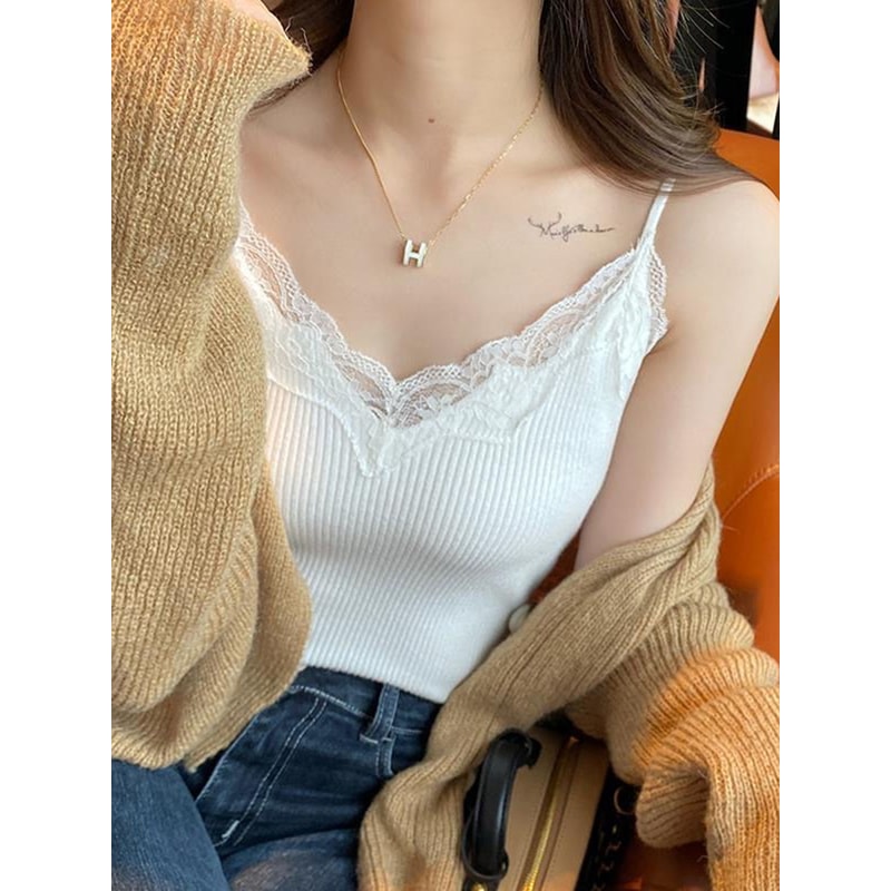 Cropped Lace Tank Top For Women Sexy White Tank Tops Korean Sleeveless Black Vest Summer Coquette C 1