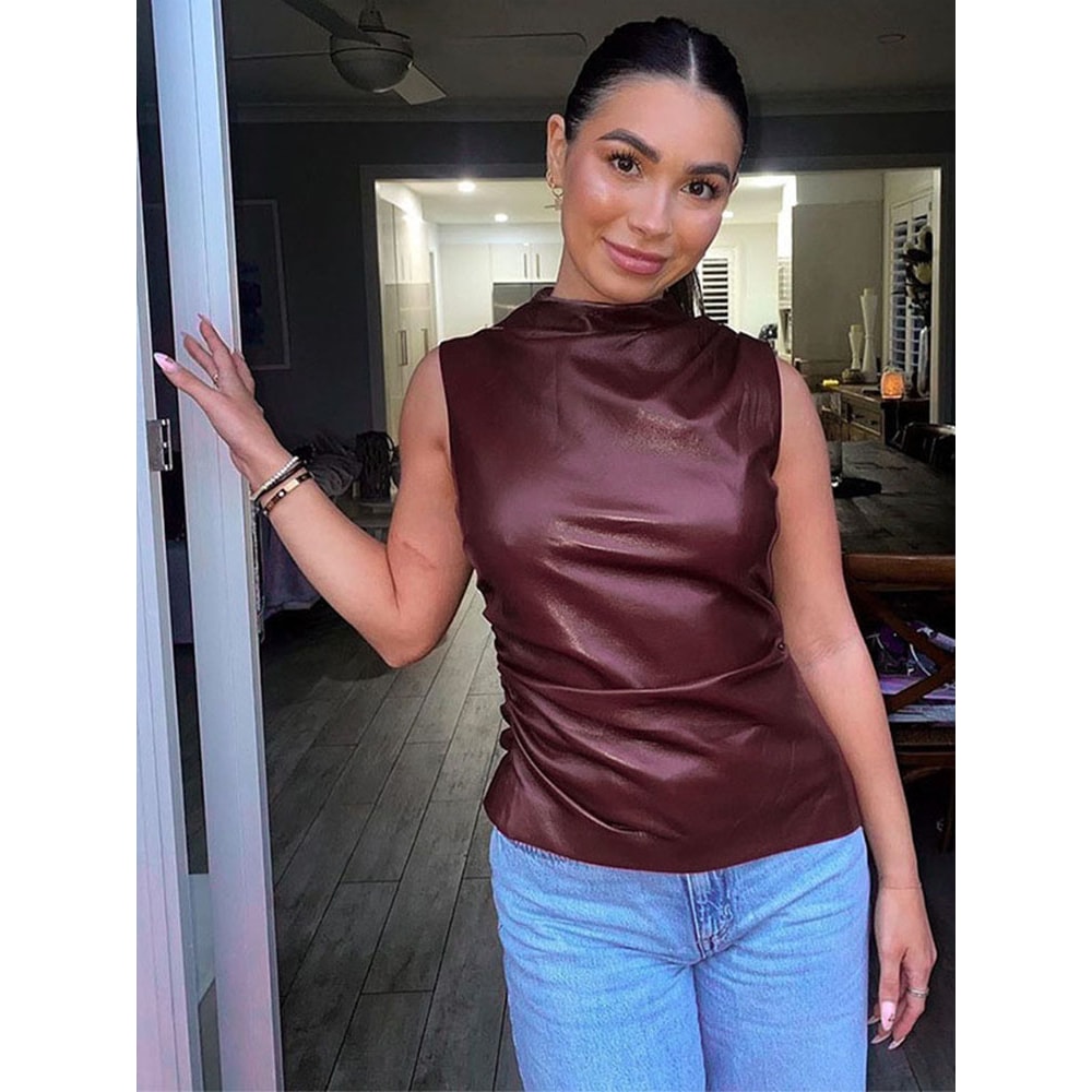 Women Vintage PU Simple Tank Top High Waist Skinny Shrunk Slash Cut Sleeveless Shirts 2