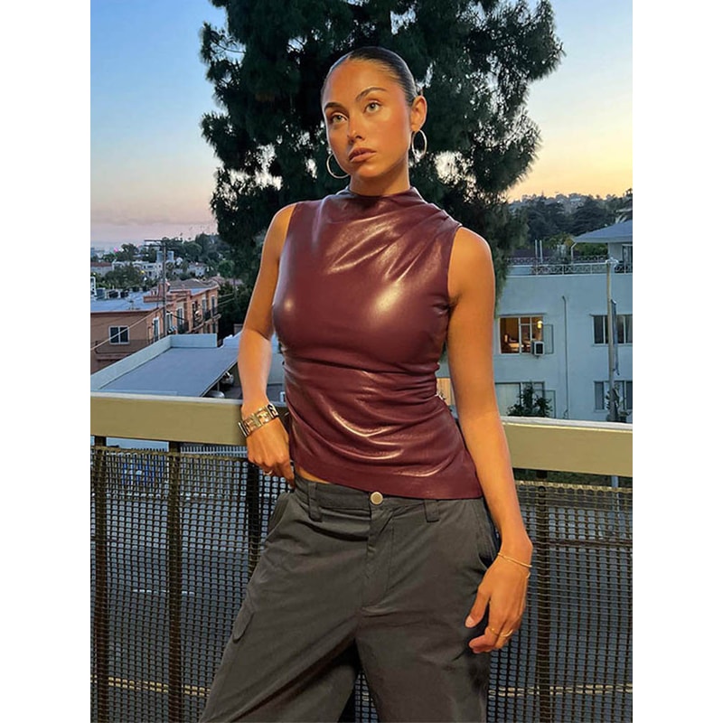 Women Vintage PU Simple Tank Top High Waist Skinny Shrunk Slash Cut Sleeveless Shirts 3