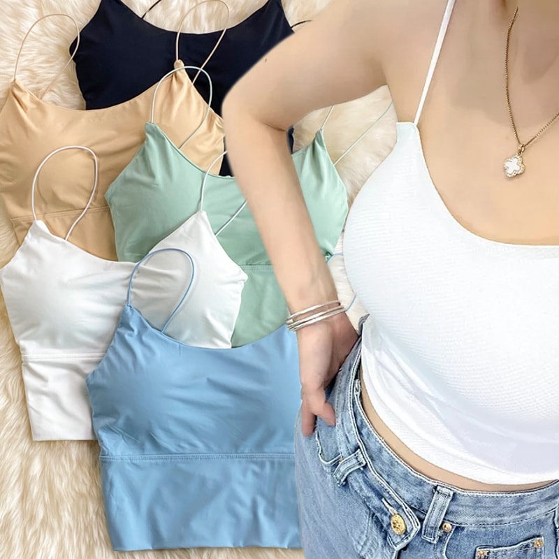 Ice Silk Summer Bra Crop Tops Sexy Sports Spaghetti Strap Vest Built In Bra Off Shoulder Sleeveless 0