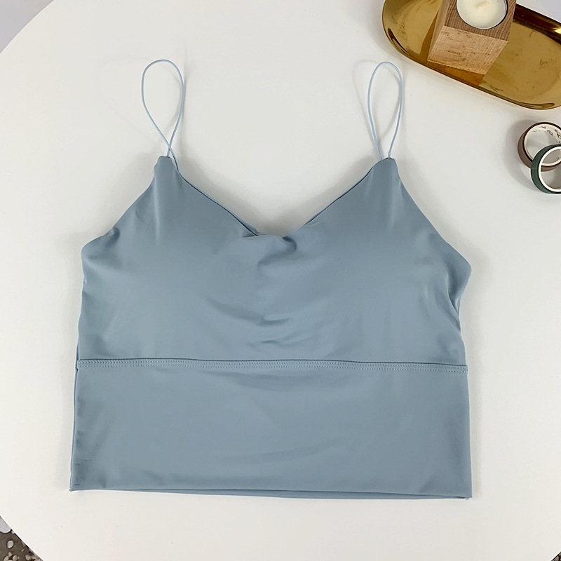 Ice Silk Summer Bra Crop Tops Sexy Sports Spaghetti Strap Vest Built In Bra Off Shoulder Sleeveless 7