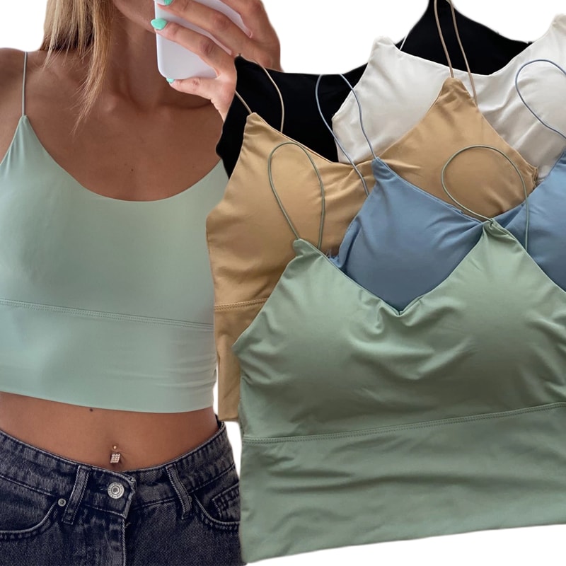 Ice Silk Summer Bra Crop Tops Sexy Sports Spaghetti Strap Vest Built In Bra Off Shoulder Sleeveless 10