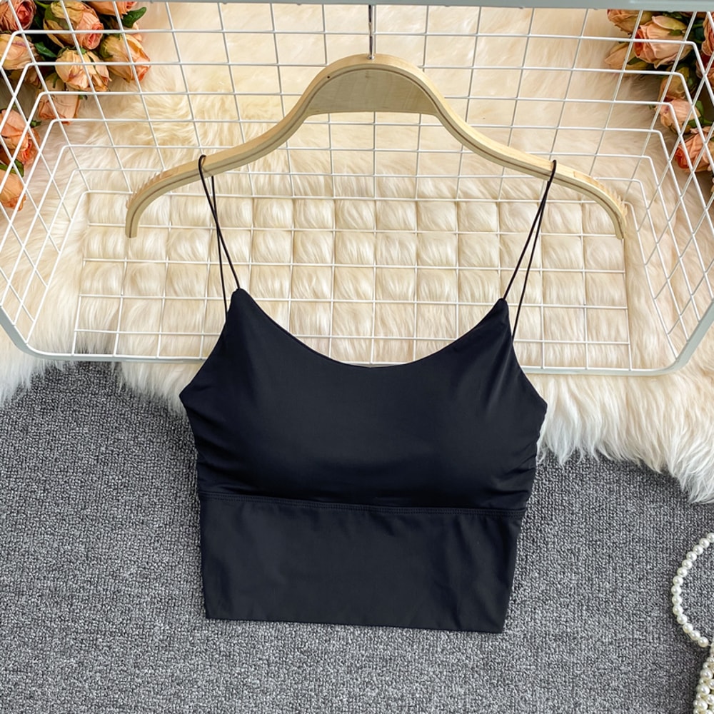 Ice Silk Summer Bra Crop Tops Sexy Sports Spaghetti Strap Vest Built In Bra Off Shoulder Sleeveless 2