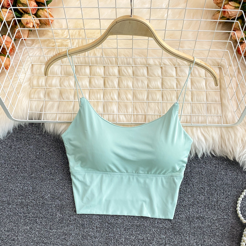 Ice Silk Summer Bra Crop Tops Sexy Sports Spaghetti Strap Vest Built In Bra Off Shoulder Sleeveless 4