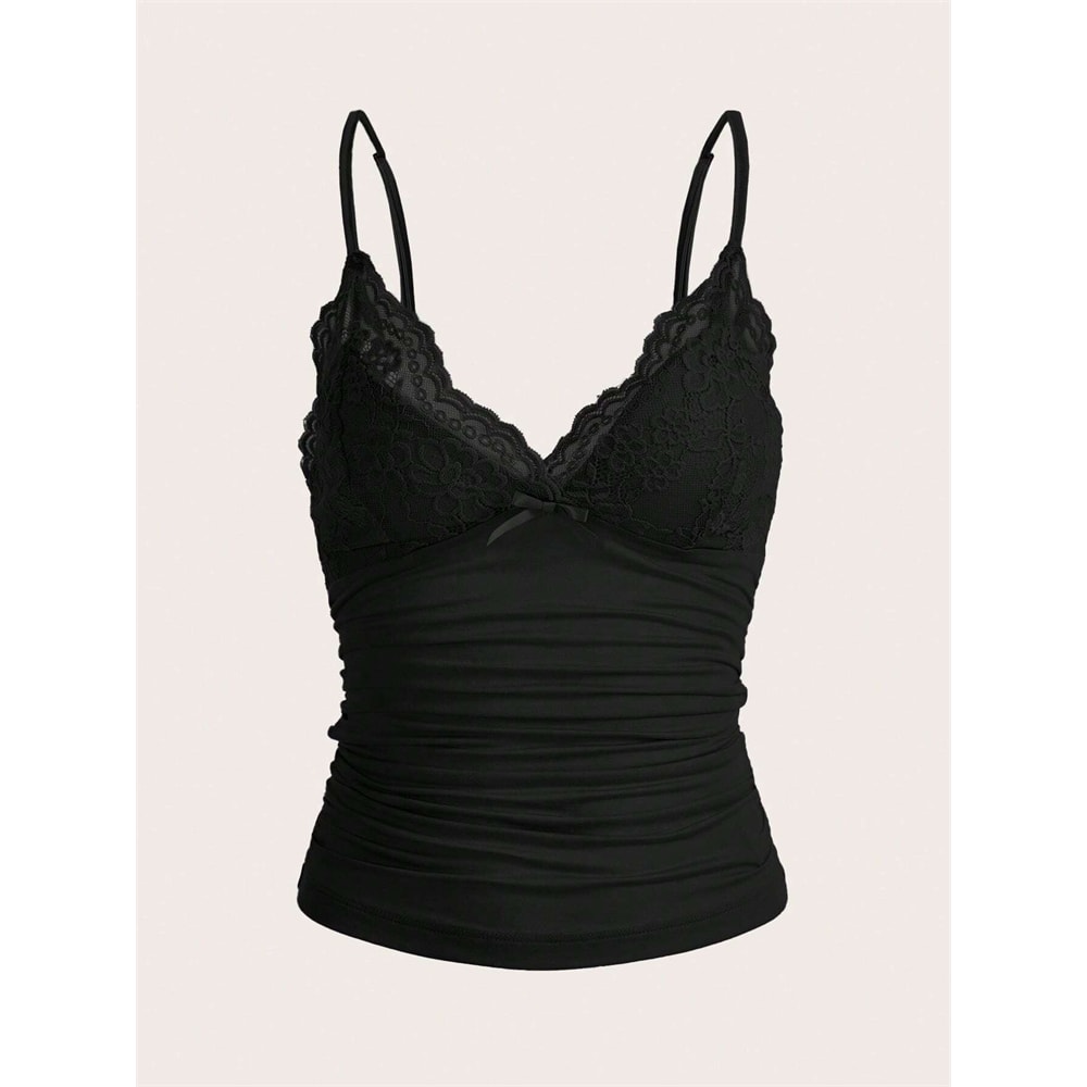 Sexy Contrast Lace Bow Front Cami Top Women Summer Grunge Punk Y2K Clothes Ruched Skinny Backless T 5