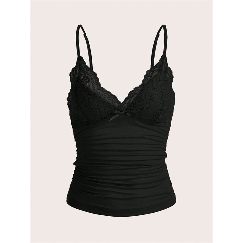 Sexy Contrast Lace Bow Front Cami Top Women Summer Grunge Punk Y2K Clothes Ruched Skinny Backless T 5