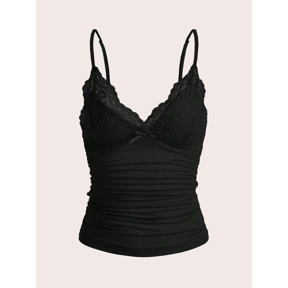 Sexy Contrast Lace Bow Front Cami Top Women Summer Grunge Punk Y2K Clothes Ruched Skinny Backless T 0