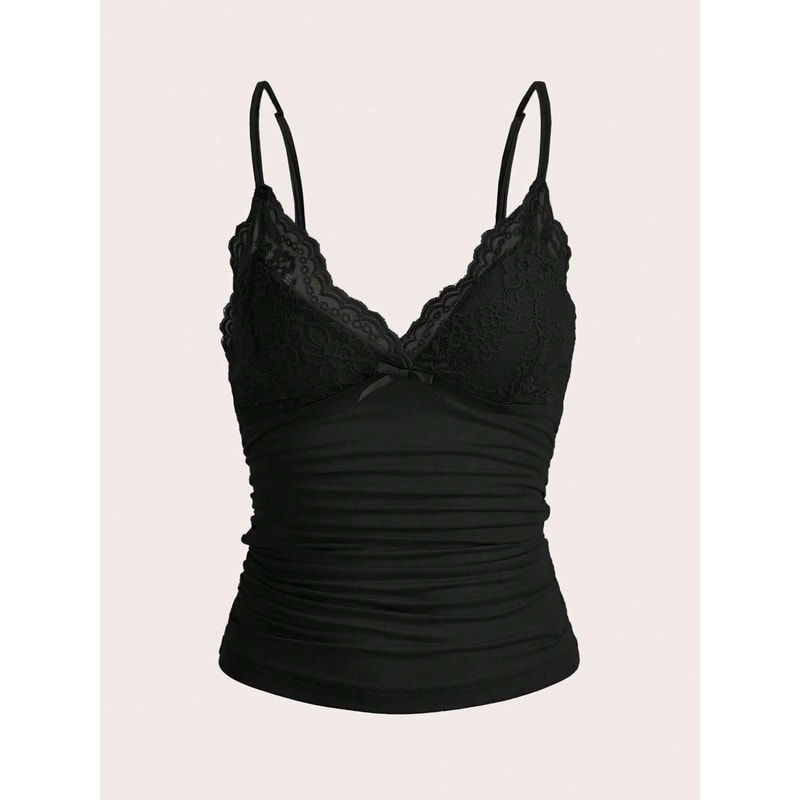 Sexy Contrast Lace Bow Front Cami Top Women Summer Grunge Punk Y2K Clothes Ruched Skinny Backless T 0