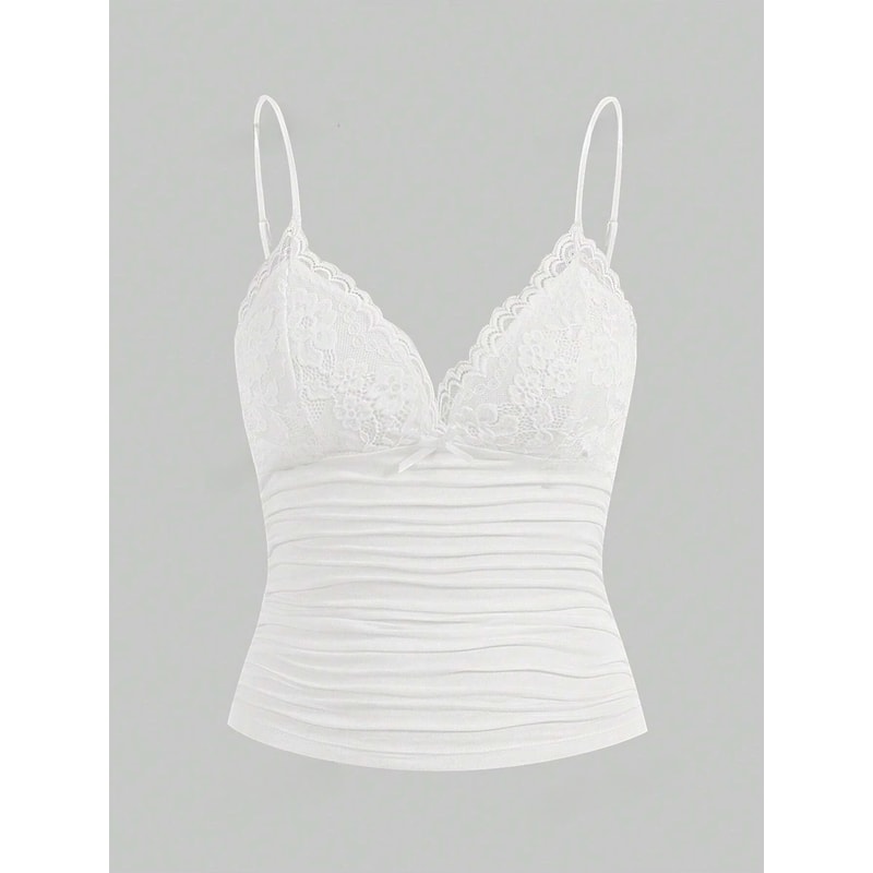 Sexy Contrast Lace Bow Front Cami Top Women Summer Grunge Punk Y2K Clothes Ruched Skinny Backless T 1