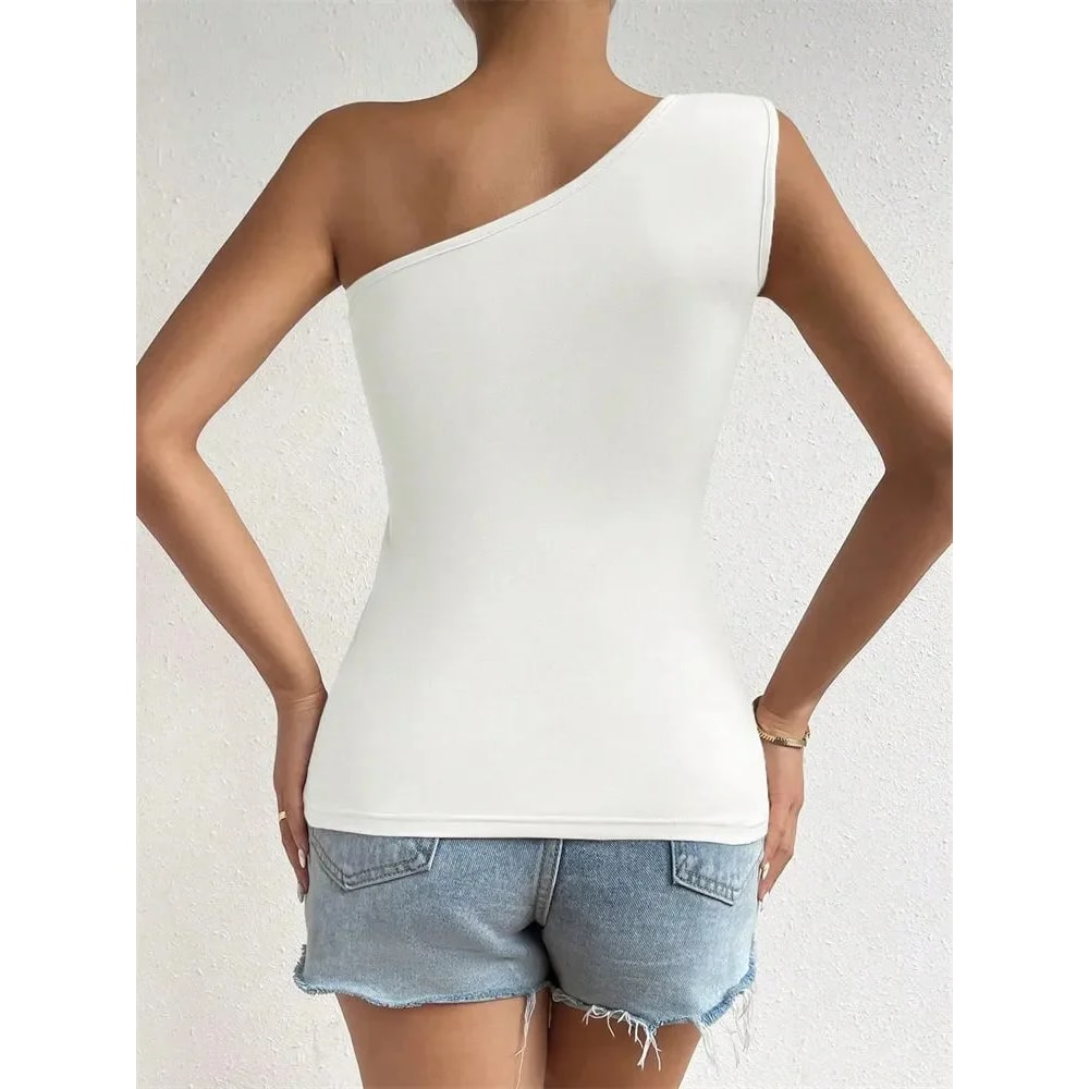 Summer One Shoulder Pleated Tank Top Women Solid Sleeveless Tshirt Off The Shoulder Ruched Streetwe 4