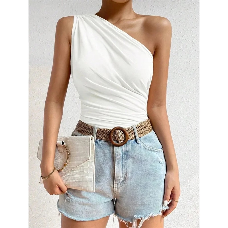 Summer One Shoulder Pleated Tank Top Women Solid Sleeveless Tshirt Off The Shoulder Ruched Streetwe 5