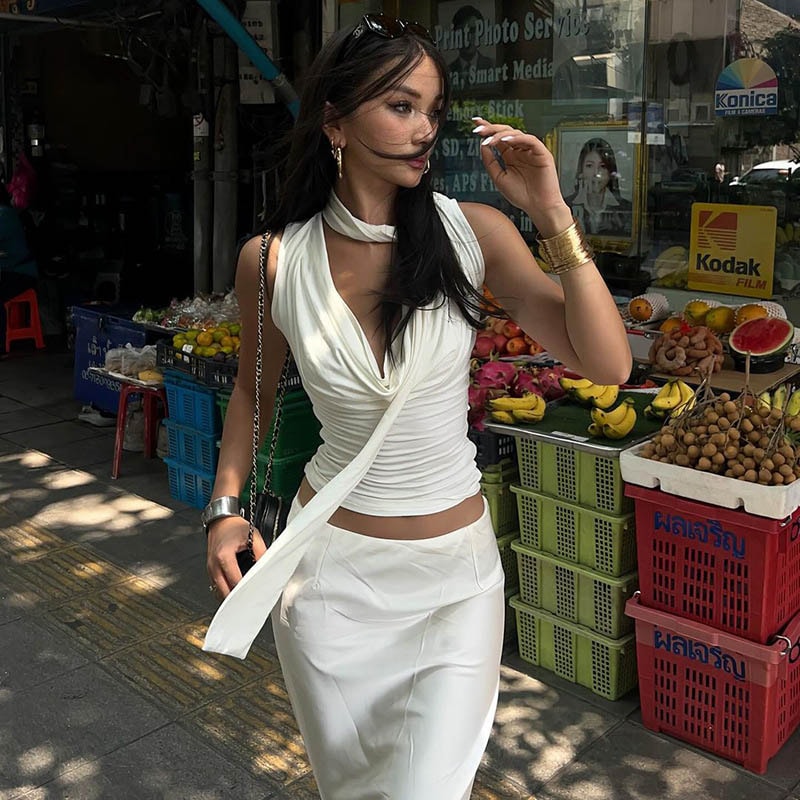 Sexy Sleeveless VNeck Tank Top Solid Women Summer Fashion Casual Slim Streetwear Bandage 5