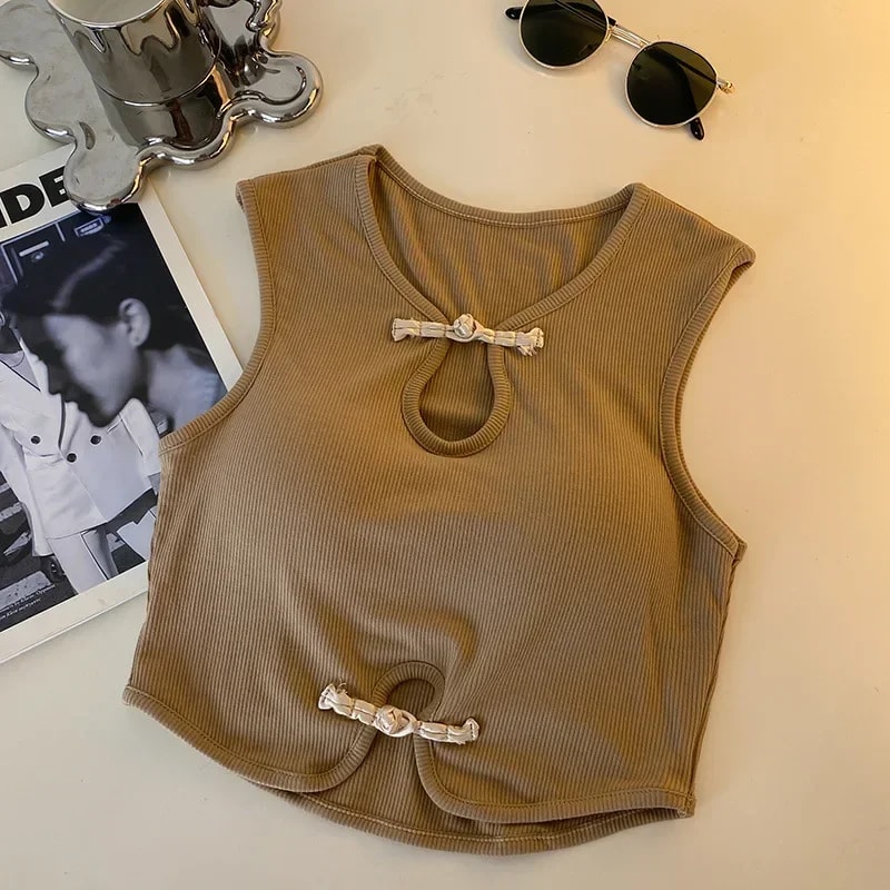Casual Button Vintage Hault Tanks Camis Sleeveless Femme Croset Crop Tops With Builtin Bras For Wom 0