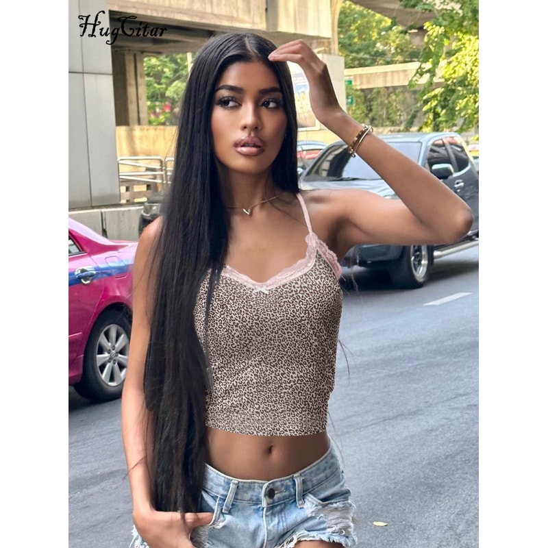 Sexy Slim Crop Camis Top Hugcitar Leopard Print Lace Bows Patchwork Summer Fashion Women Outfits Fo 3