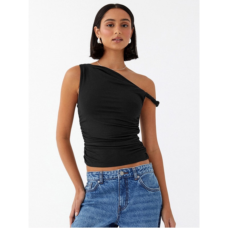 Casual Summer Tank Top For Women Sleeveless Off Shoulder Solid Color Side Ruched Crop Tops Trendy S 5