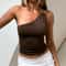 Sexy Gtpdpllt Solid Color One Shoulder Bead Backless Women's T-Shirt, Brown Tight Slim Sleeveless Neckless Casual Tank