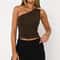 Sexy Gtpdpllt Solid Color One Shoulder Bead Backless Women's T-Shirt, Brown Tight Slim Sleeveless Neckless Casual Tank