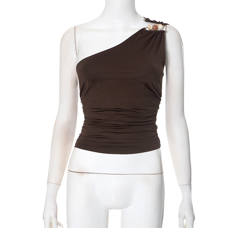 Sexy Gtpdpllt Solid Color One Shoulder Bead Backless Women's T-Shirt, Brown Tight Slim Sleeveless Neckless Casual Tank