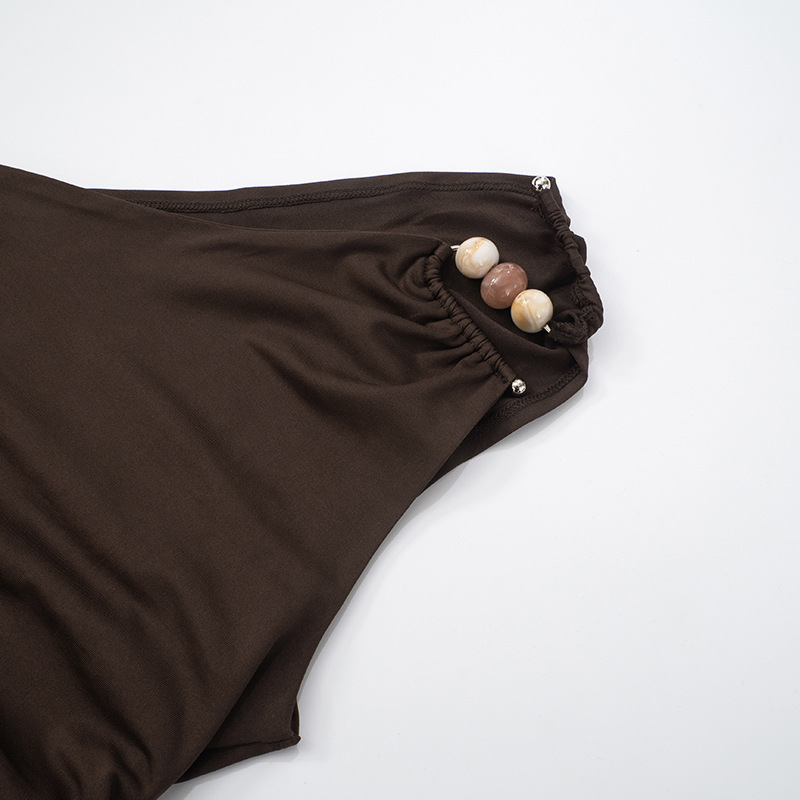 Sexy Gtpdpllt Solid Color One Shoulder Bead Backless Women's T-Shirt, Brown Tight Slim Sleeveless Neckless Casual Tank