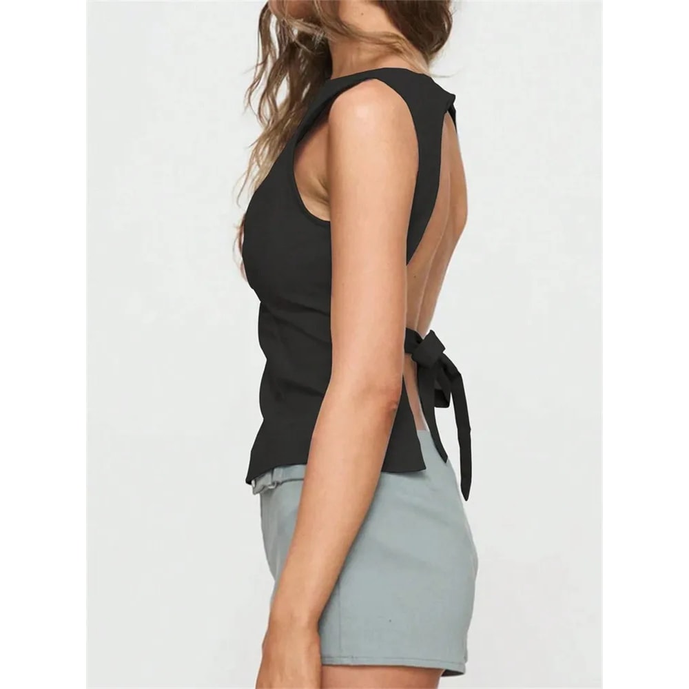 Sexy Solid Color Backless Tank Top for Summer, Women's Sleeveless Knot Tee, Streetwear Clothes