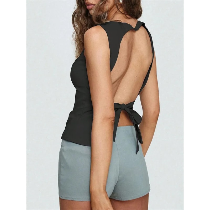 Sexy Solid Color Backless Tank Top for Summer, Women's Sleeveless Knot Tee, Streetwear Clothes