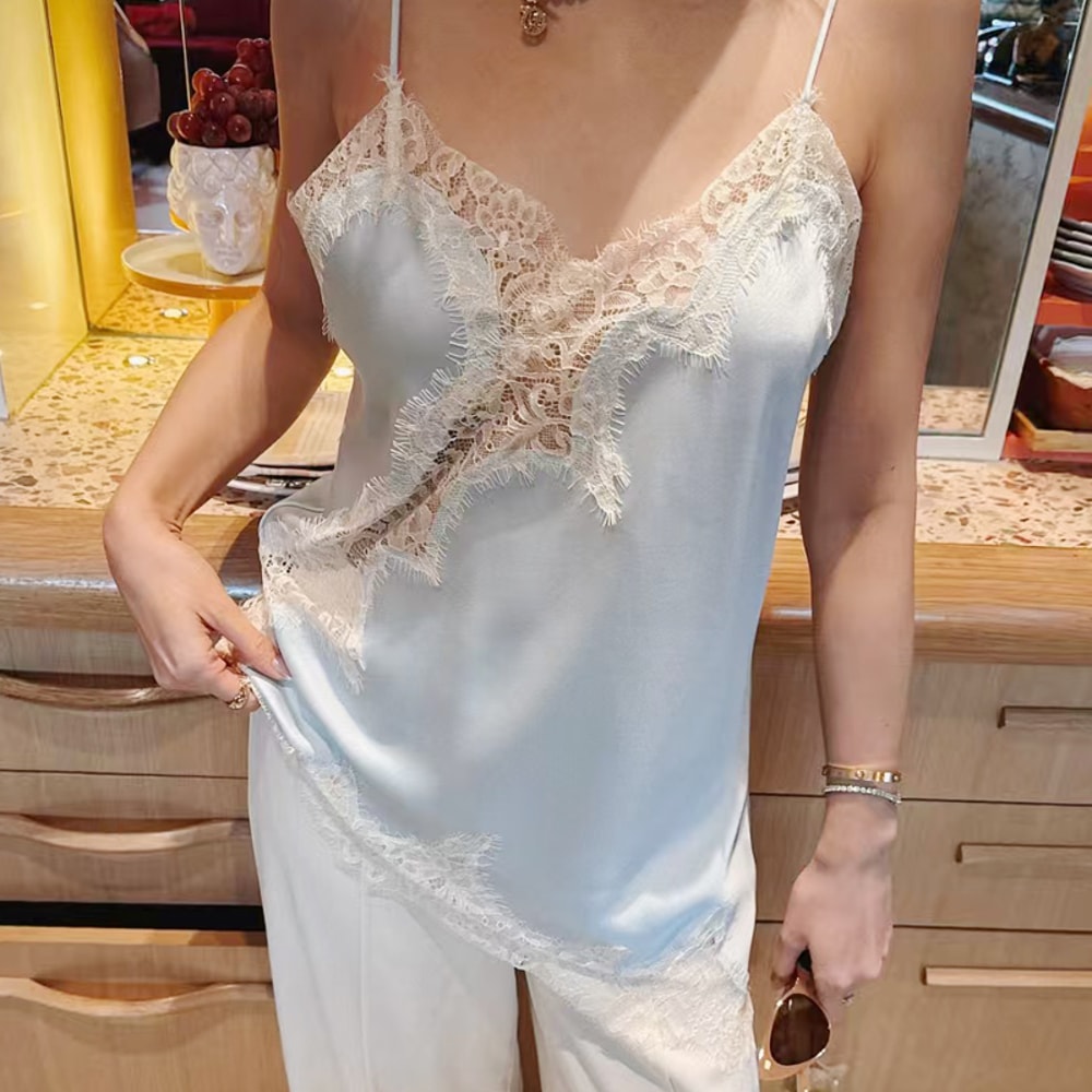 Sexy Asymmetrical Slip Lace Top Satin Off Shoulder Sleeveless Women Sexy Tanks Cami 5