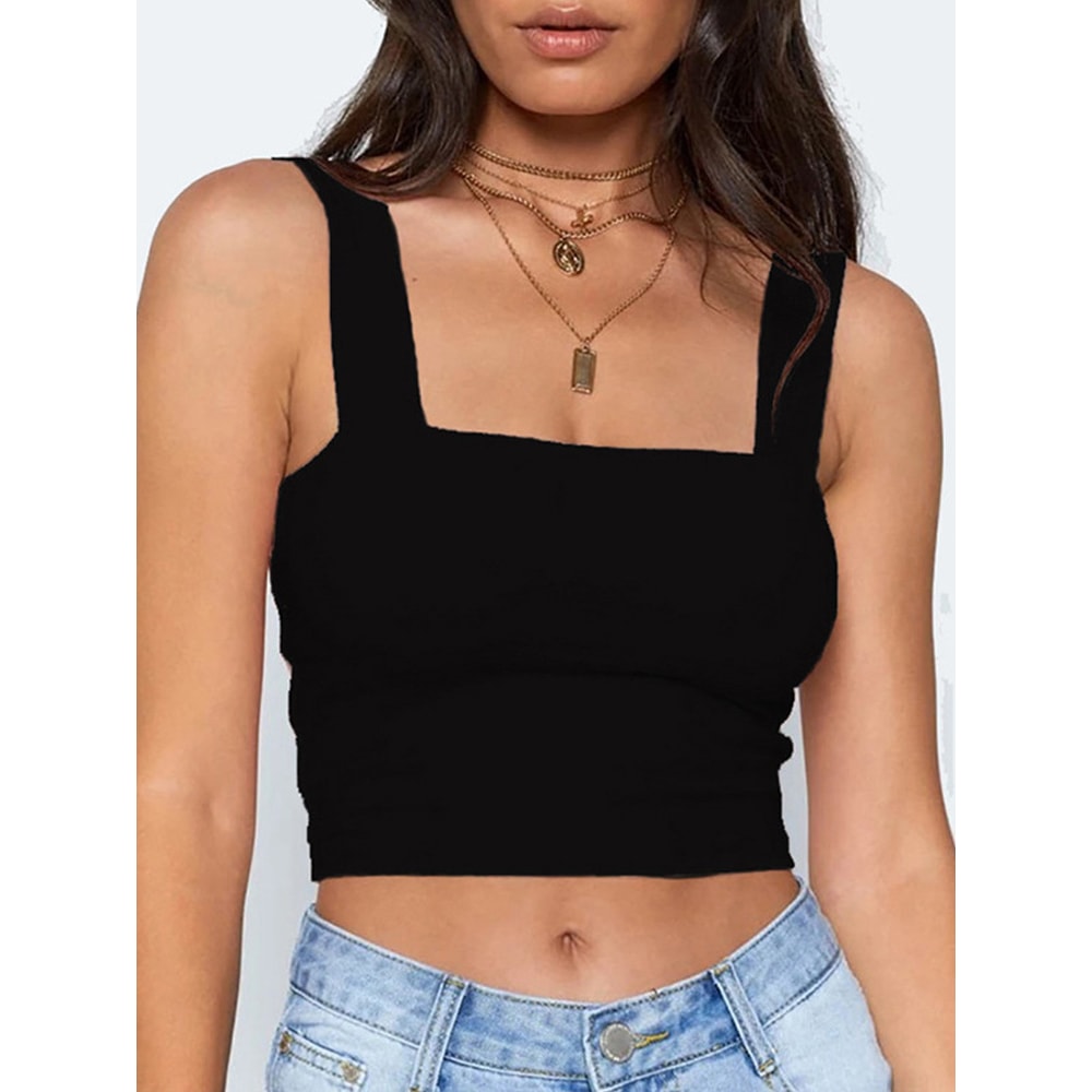 Women Square Neck Sleeveless Crop Top Casual Black T Shirt Summer Off Shoulder Cami Sexy Backless T