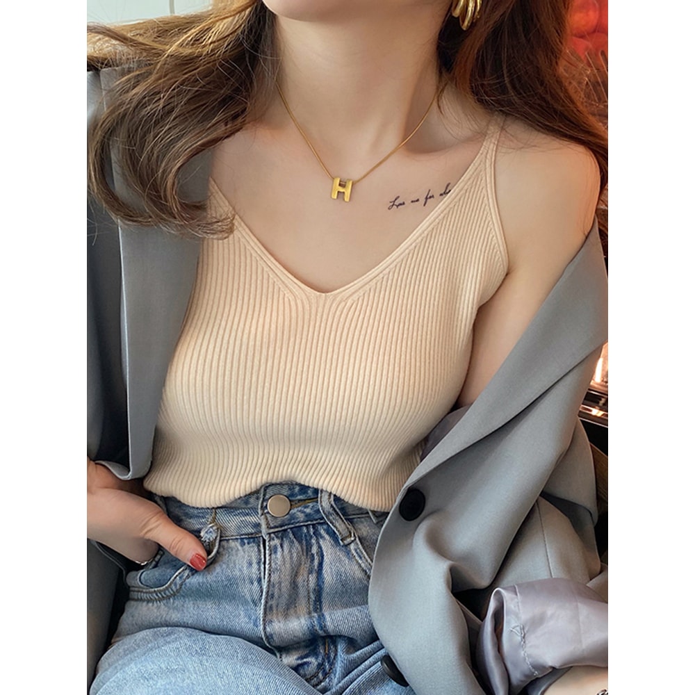 Solid VNeck Elastic Knitted Suspender Camis Korea Summer Tops New Womens Tanks Clothing Basics Shir 0