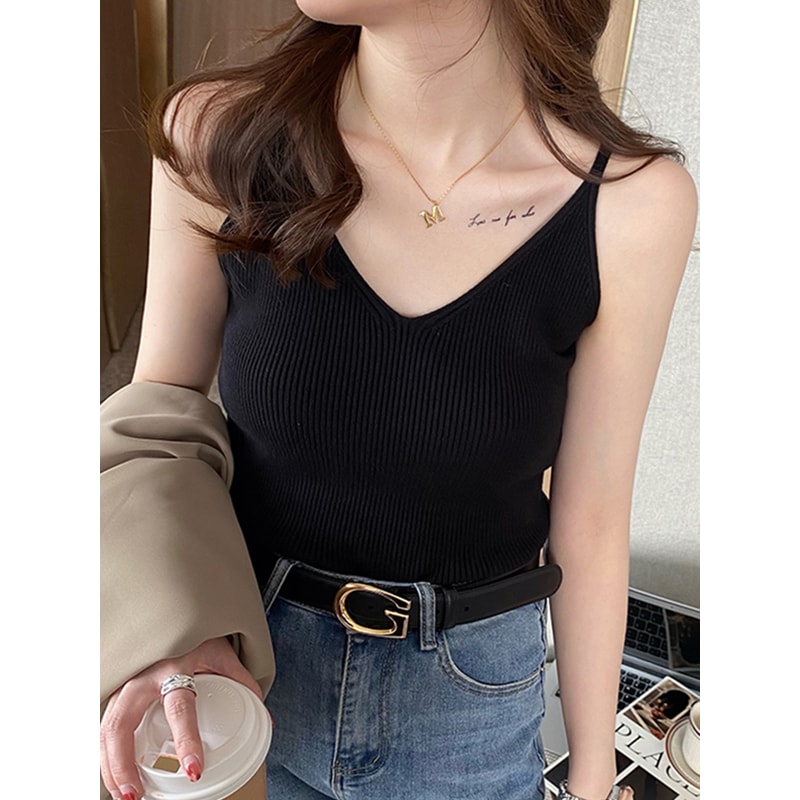 Solid VNeck Elastic Knitted Suspender Camis Korea Summer Tops New Womens Tanks Clothing Basics Shir 1