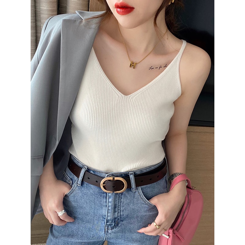 Solid VNeck Elastic Knitted Suspender Camis Korea Summer Tops New Womens Tanks Clothing Basics Shir 4