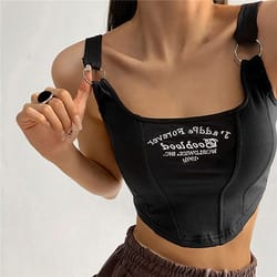 casual camis women embroid letter tank tops, bra pad crop tops for women, shoulder belt iron ring tank tops