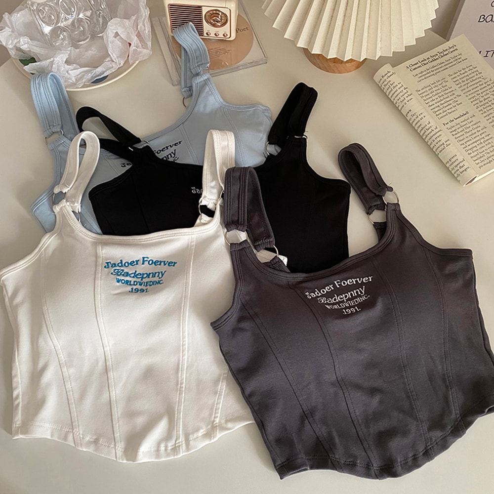 Casual Camis Women Embroid Letter Tank Tops Bra Pad Crop Tops For Women Shoulder Belt Iron Ring Tan 5