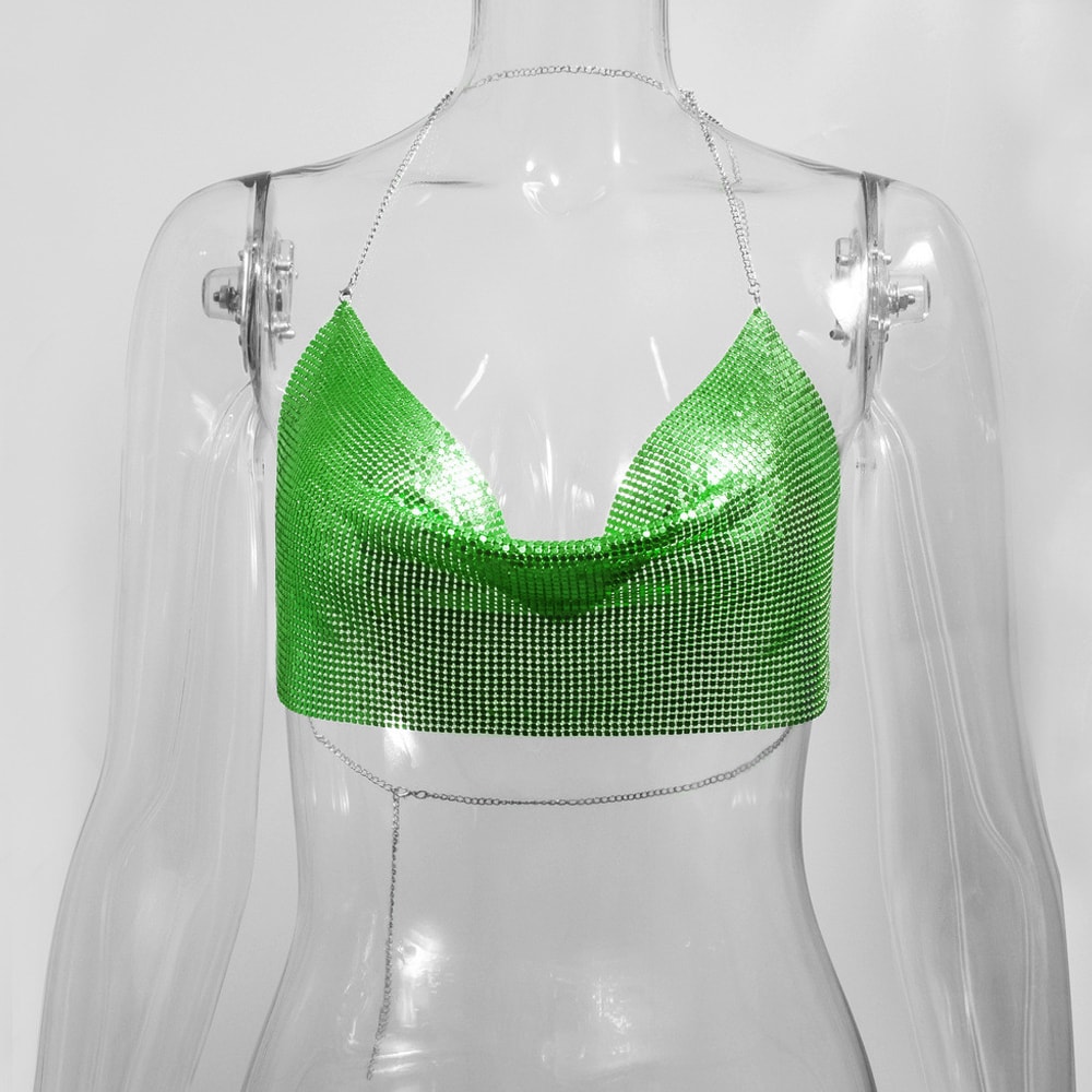 Sexy Metal Metallic Crop Top Women Backless Glitter Halter Corset Tops Beach Party Club Tank Top Ca