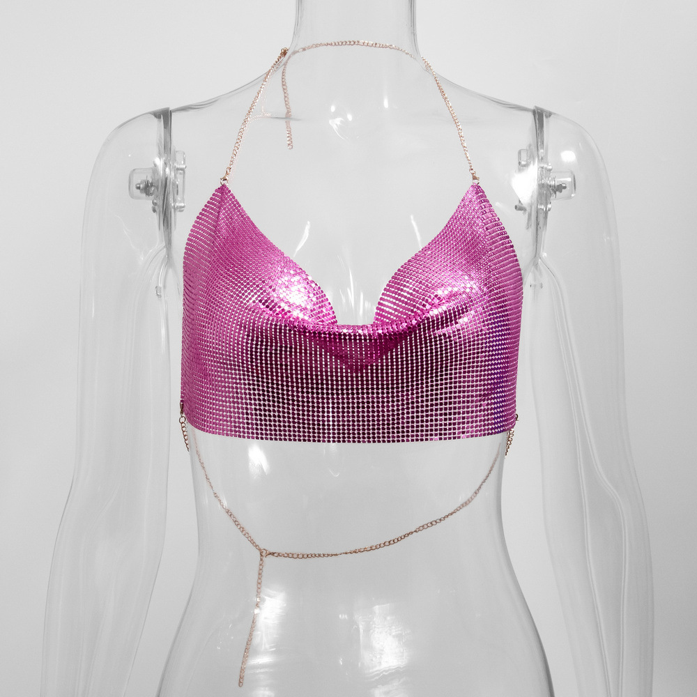Sexy Metal Metallic Crop Top Women Backless Glitter Halter Corset Tops Beach Party Club Tank Top Ca