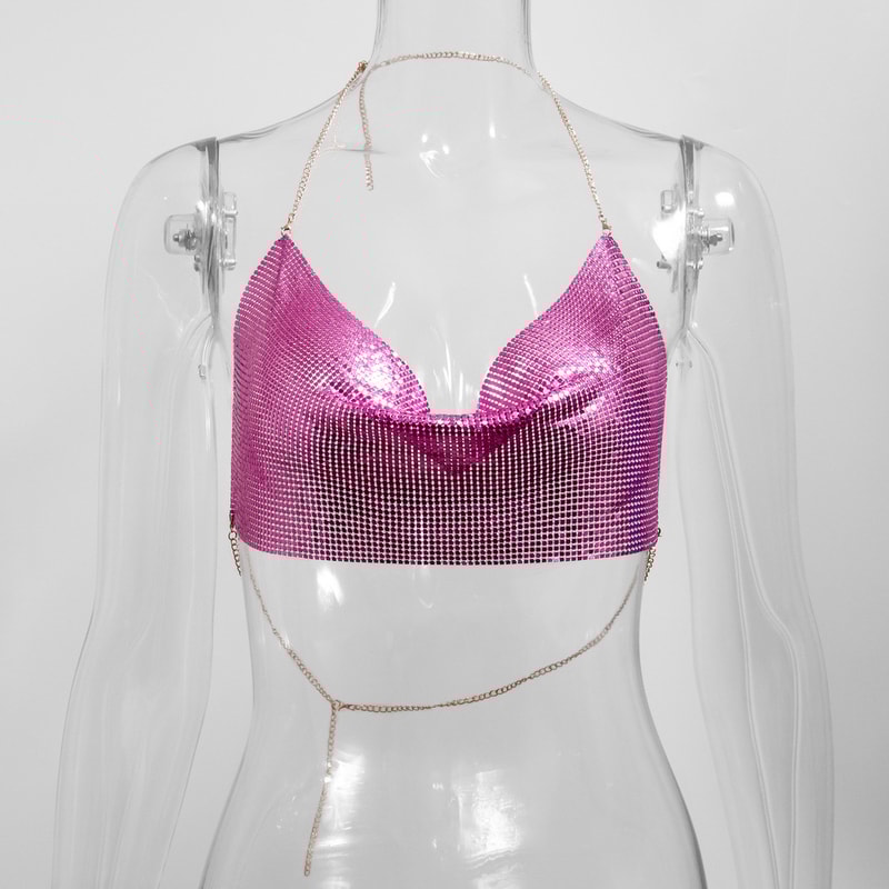 Sexy Metal Metallic Crop Top Women Backless Glitter Halter Corset Tops Beach Party Club Tank Top Ca