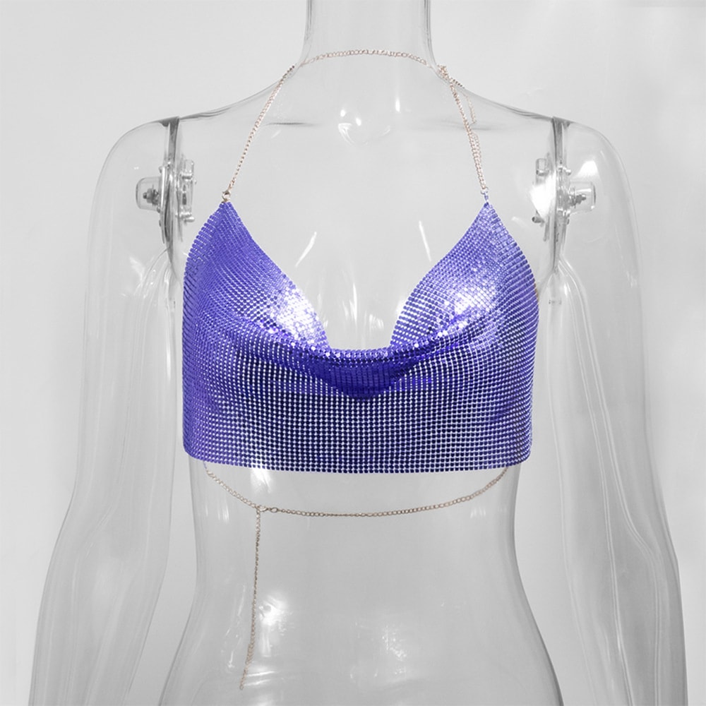 Sexy Metal Metallic Crop Top Women Backless Glitter Halter Corset Tops Beach Party Club Tank Top Ca