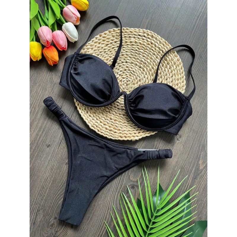 Flower Bikini Set Women Black White V Wire Underwired Mini Swimsuit Sexy Beach Bathing Suit Pleate 4