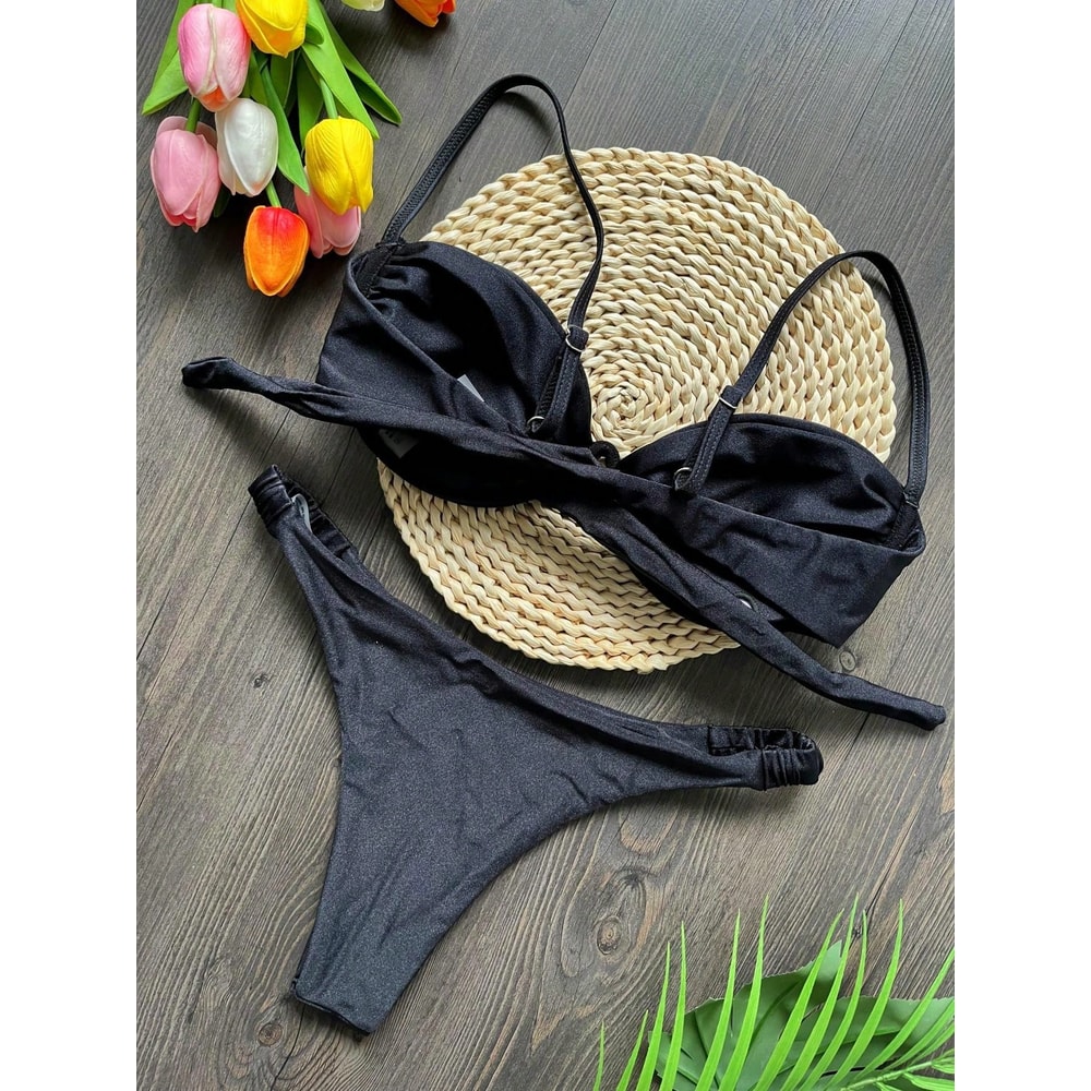 Flower Bikini Set Women Black White V Wire Underwired Mini Swimsuit Sexy Beach Bathing Suit Pleate 5