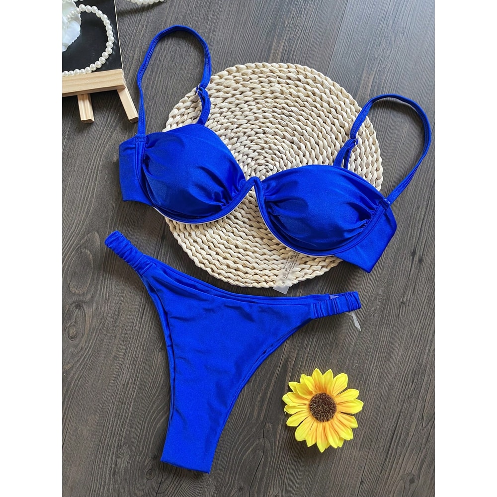 Flower Bikini Set Women Black White V Wire Underwired Mini Swimsuit Sexy Beach Bathing Suit Pleate 1