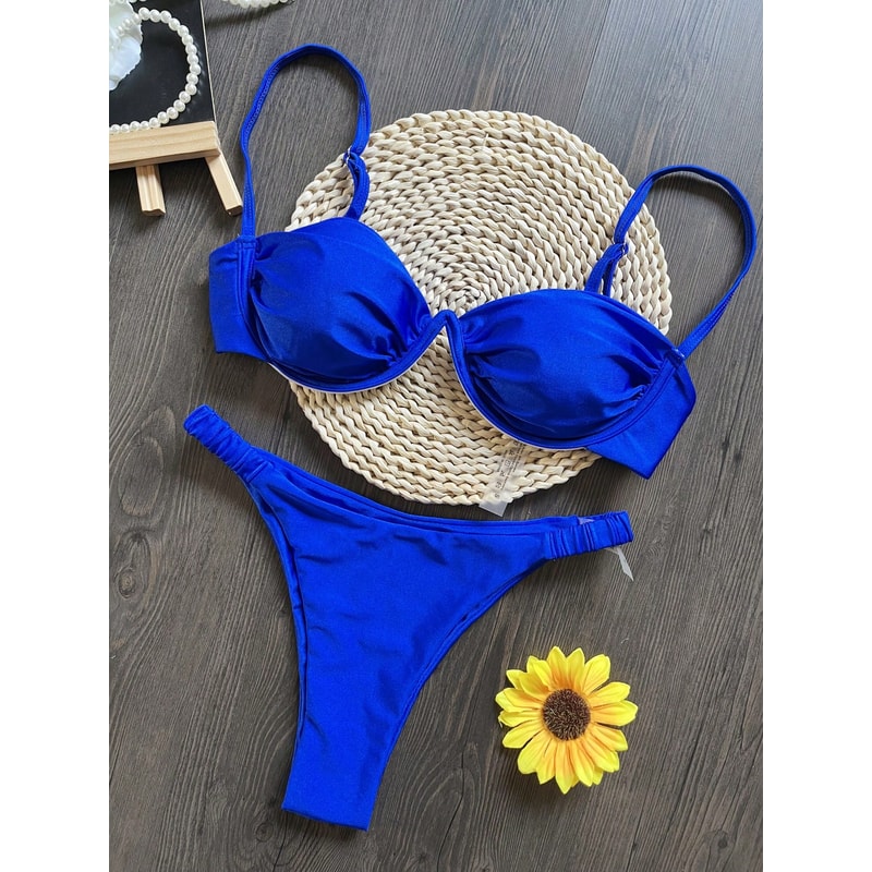 Flower Bikini Set Women Black White V Wire Underwired Mini Swimsuit Sexy Beach Bathing Suit Pleate 1