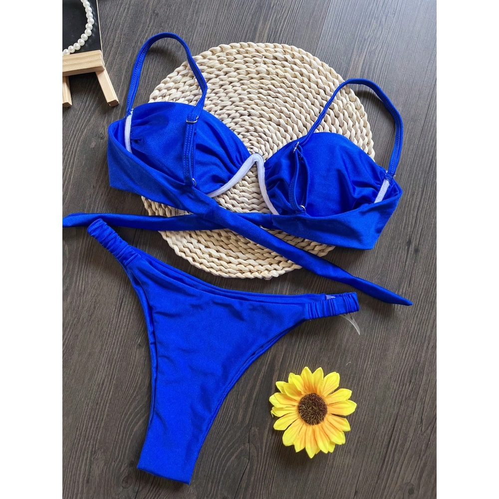 Flower Bikini Set Women Black White V Wire Underwired Mini Swimsuit Sexy Beach Bathing Suit Pleate 7