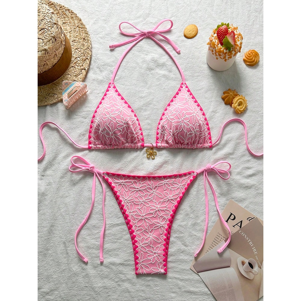 Floral Print Bikini Set, Trendy Textured Fabric, Halter Tie-Neck, Contrast-Trimmed Edges & Side-Tie Thong