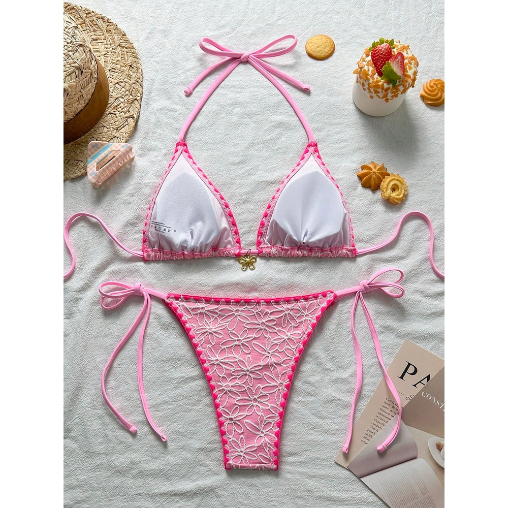 Floral Print Bikini Set, Trendy Textured Fabric, Halter Tie-Neck, Contrast-Trimmed Edges & Side-Tie Thong