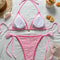Floral Print Bikini Set, Trendy Textured Fabric, Halter Tie-Neck, Contrast-Trimmed Edges & Side-Tie Thong