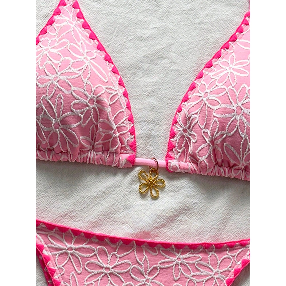 Floral Print Bikini Set, Trendy Textured Fabric, Halter Tie-Neck, Contrast-Trimmed Edges & Side-Tie Thong